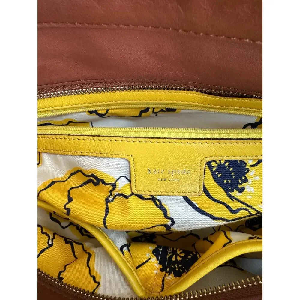 Kate Spade Soft Leather Shoulder Bag Cognac Brown yellow Trim GUC